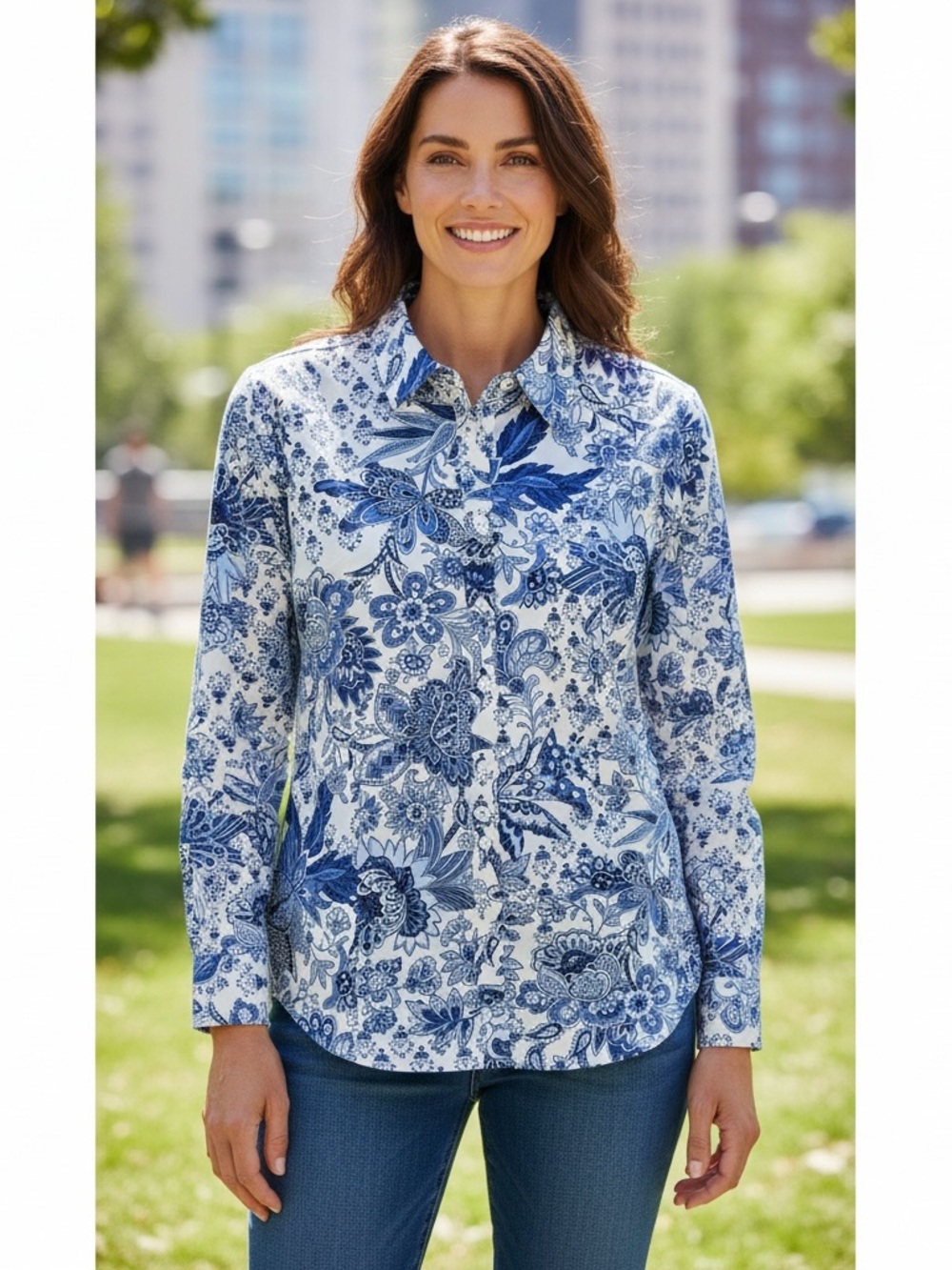 Talbots White and Blue Floral Button-Down Shirt